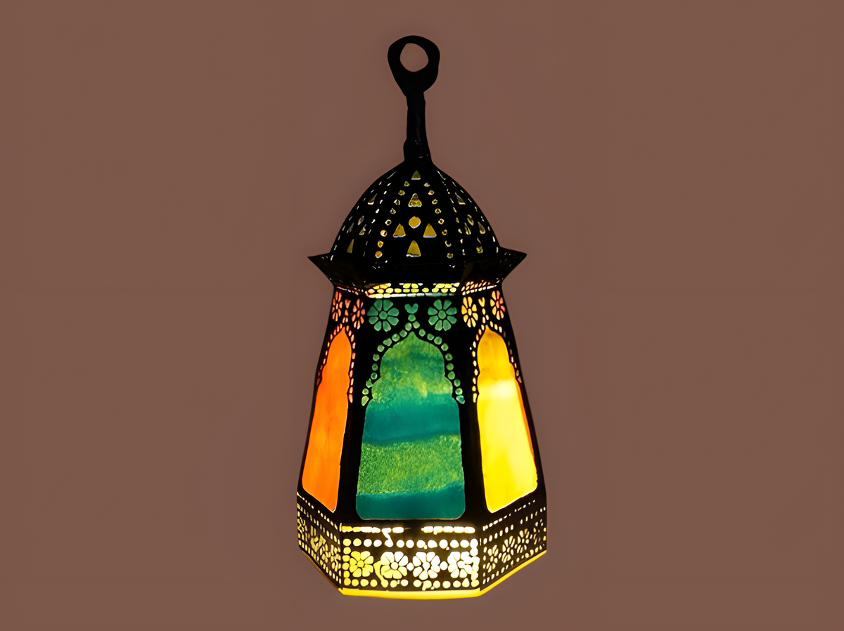Handmade Khan El Khalili metal lamp with alabaster stone panels, front view