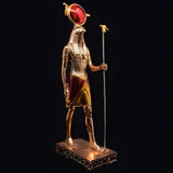 Handmade copper Egyptian God Ra statue, museum reproduction, falcon-headed deity with sun disk, front view