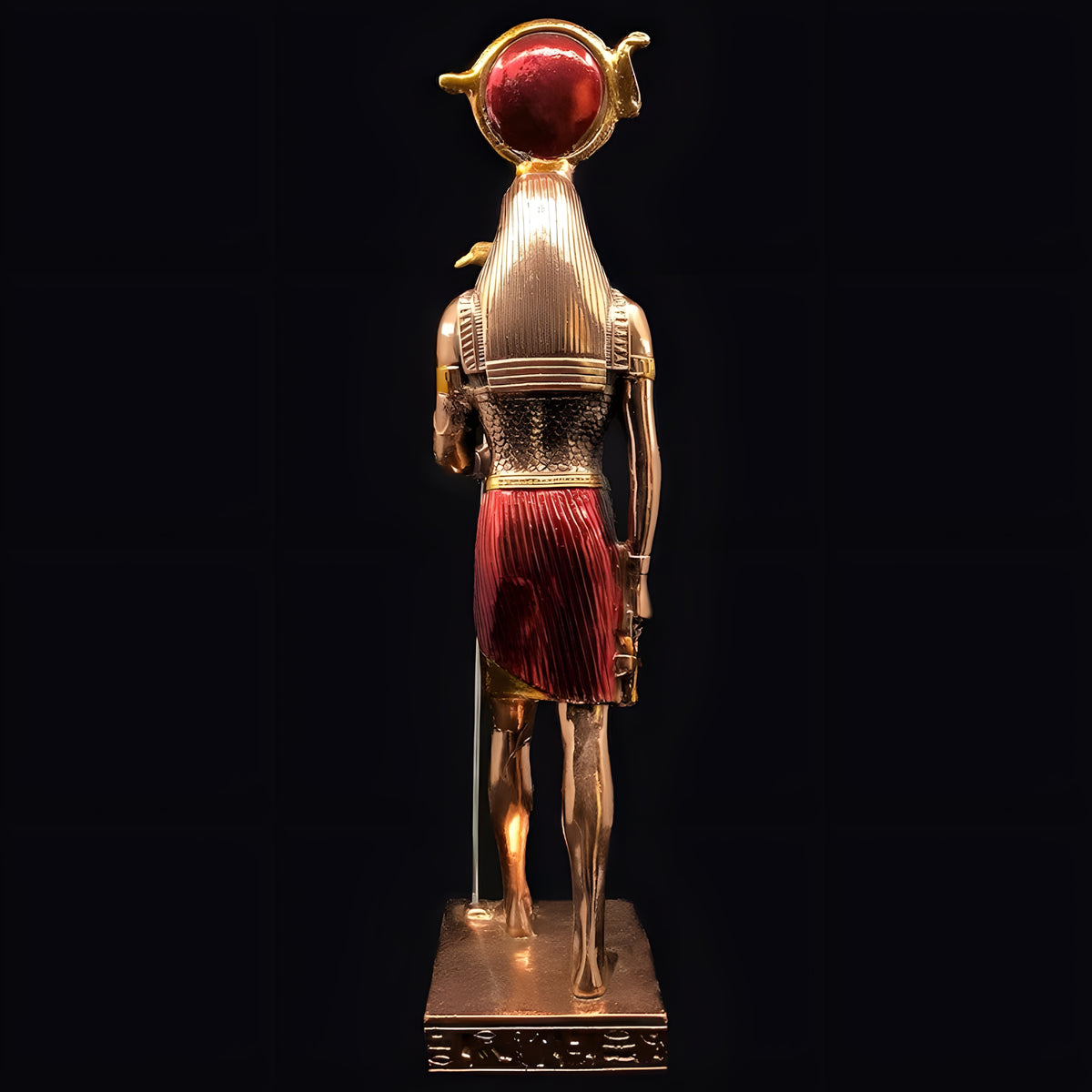 Side view of the handmade copper Ra statue museum reproduction