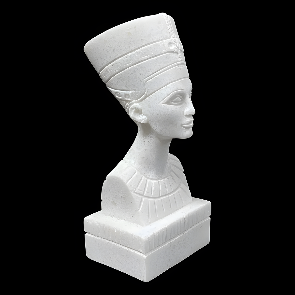 Close-up of the Nefertiti bust museum reproduction showing crown and jewel detail
