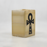 Alabaster Egyptian Ankh vase museum reproduction, close-up of carving
