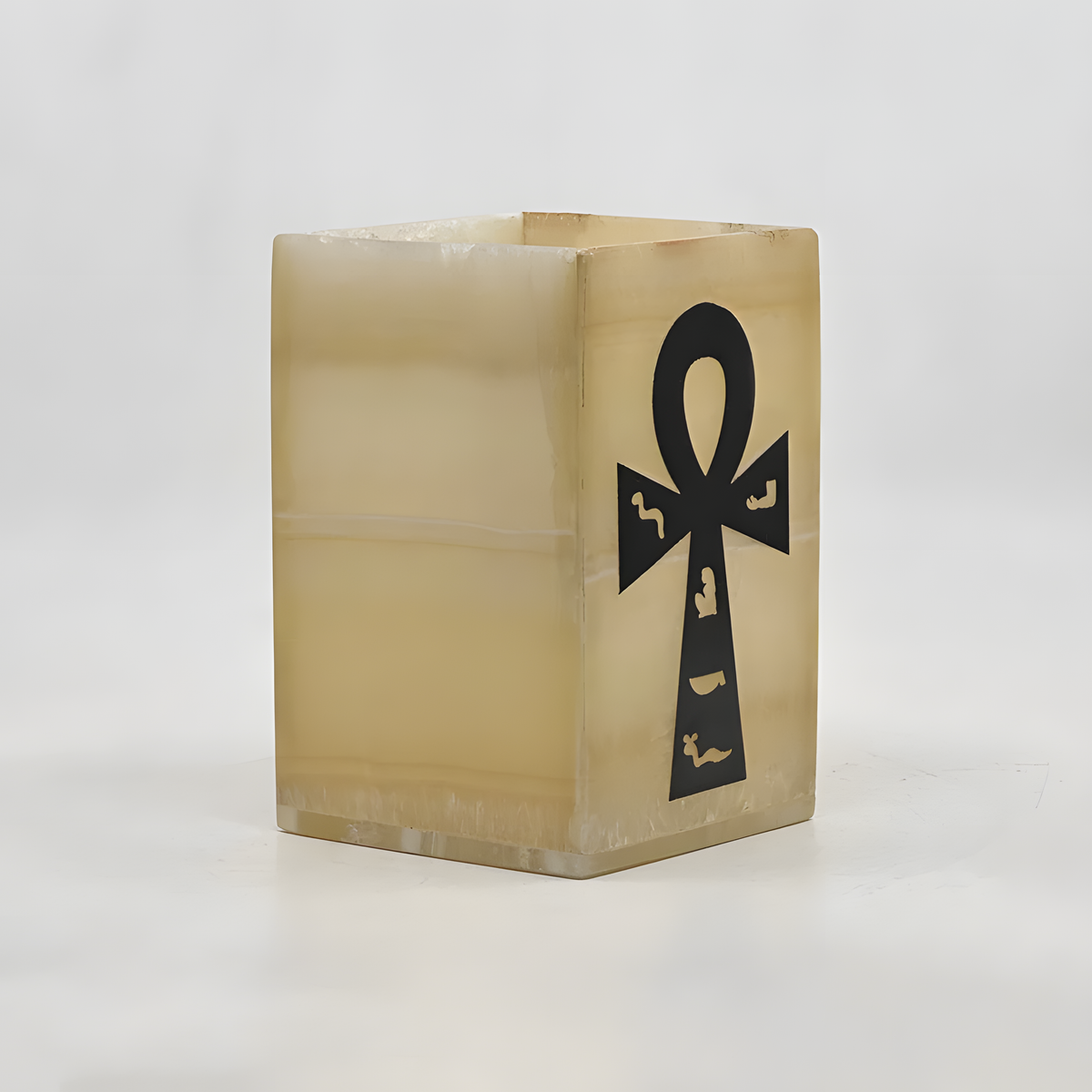 Alabaster Egyptian Ankh vase museum reproduction, close-up of carving