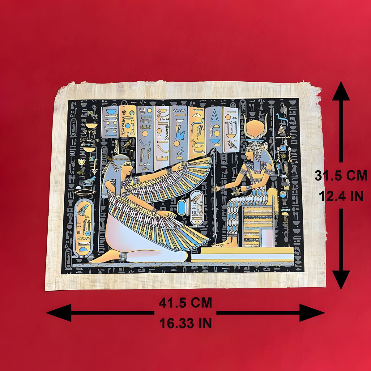 Egyptian museum reproduction papyrus painting of Maat and Isis, glow-in-the-dark paint — front view