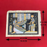 Egyptian museum reproduction papyrus painting of Maat and Isis, glow-in-the-dark paint — front view