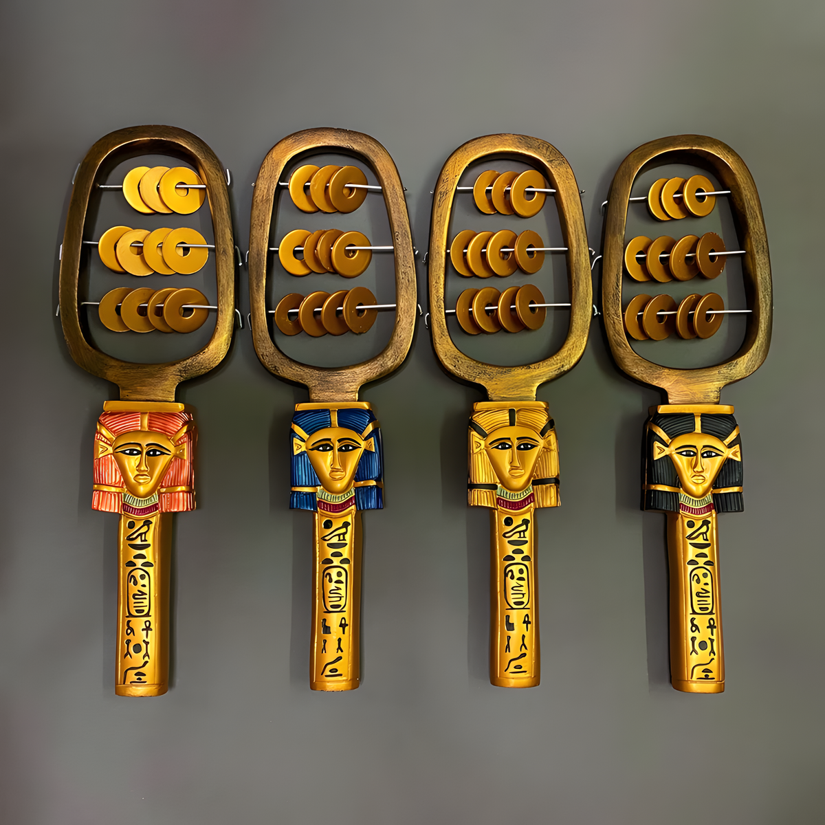 Egyptian sistrum of Hathor, museum reproduction — front view