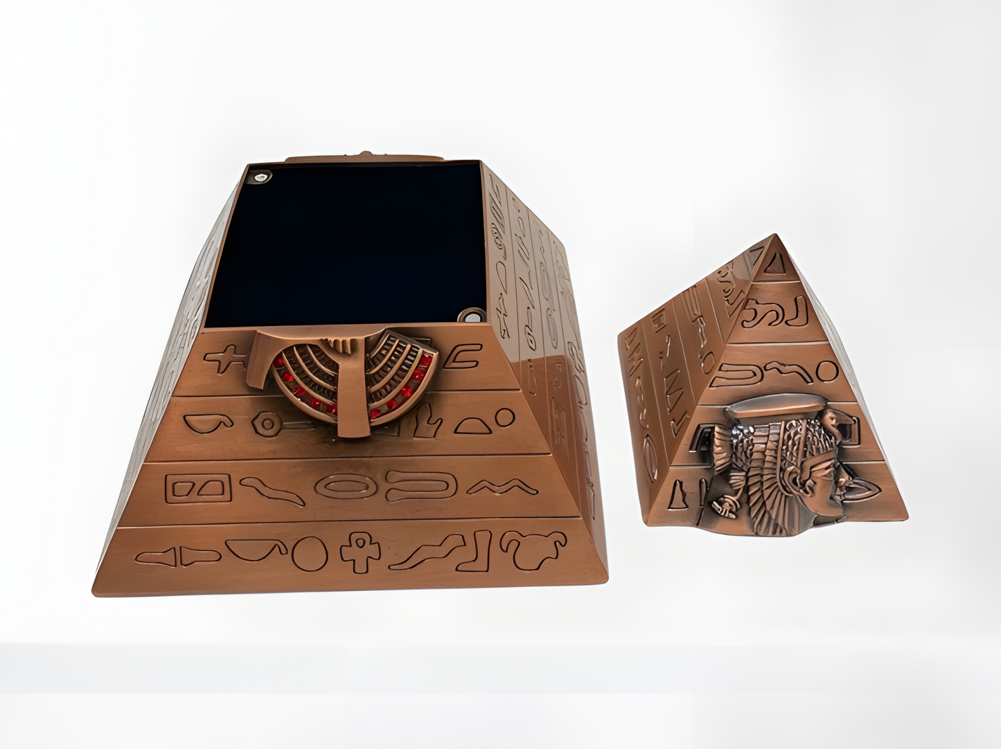Handmade copper pyramid jewelry box with hieroglyphic-style engraving