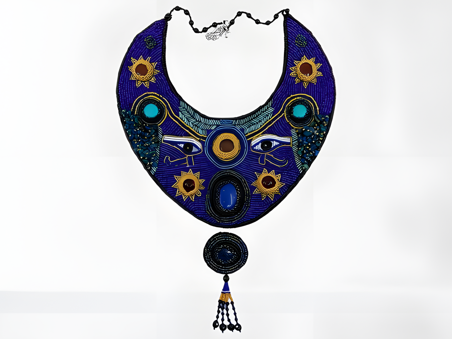 Handcrafted Egyptian beaded collar necklace with an Eye of Horus centerpiece, museum reproduction