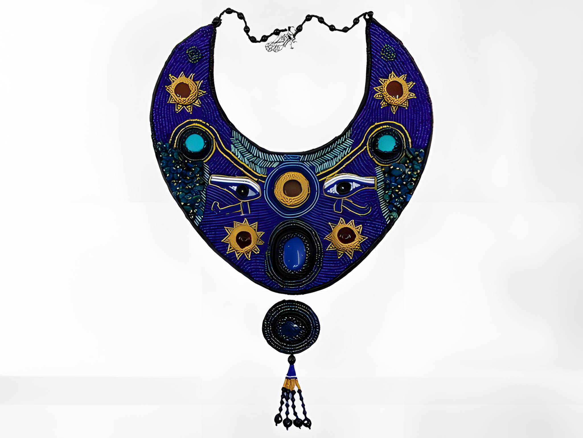 Handcrafted Egyptian beaded collar necklace with an Eye of Horus centerpiece, museum reproduction