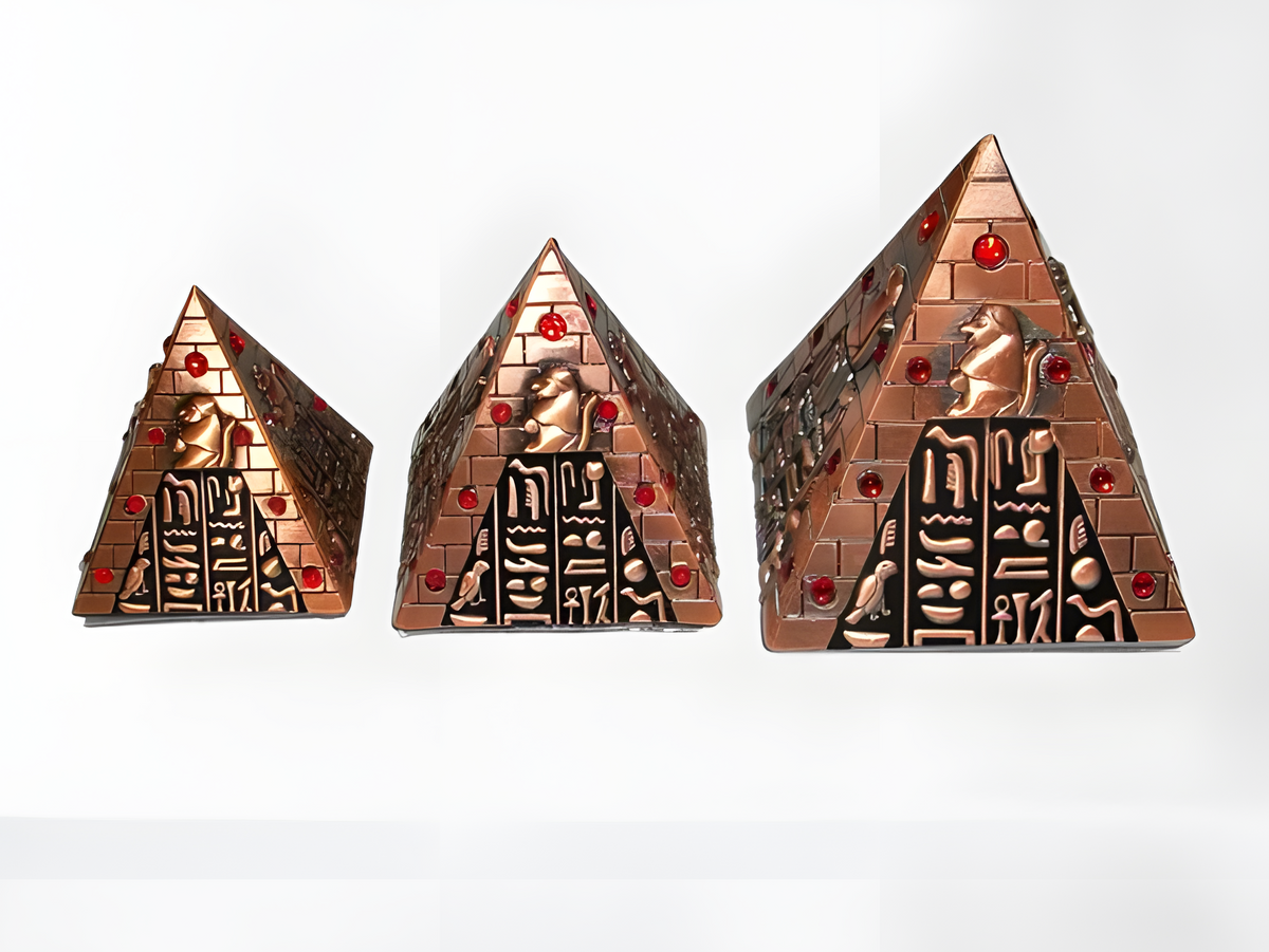 Handcrafted copper pyramid set honoring the Egyptian baboon god Babi and Thoth, museum reproduction, full set view