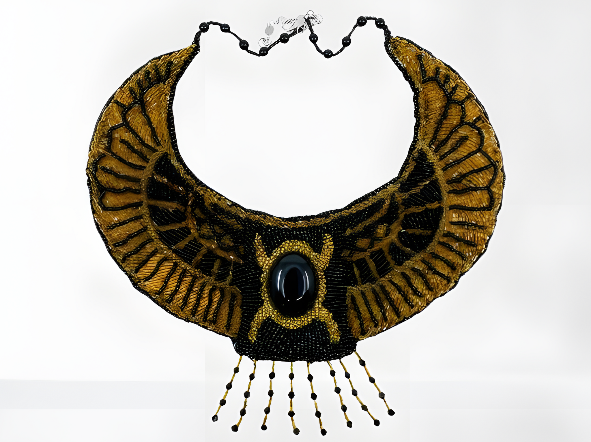 Handcrafted Egyptian beaded collar necklace with a winged scarab centerpiece, museum reproduction