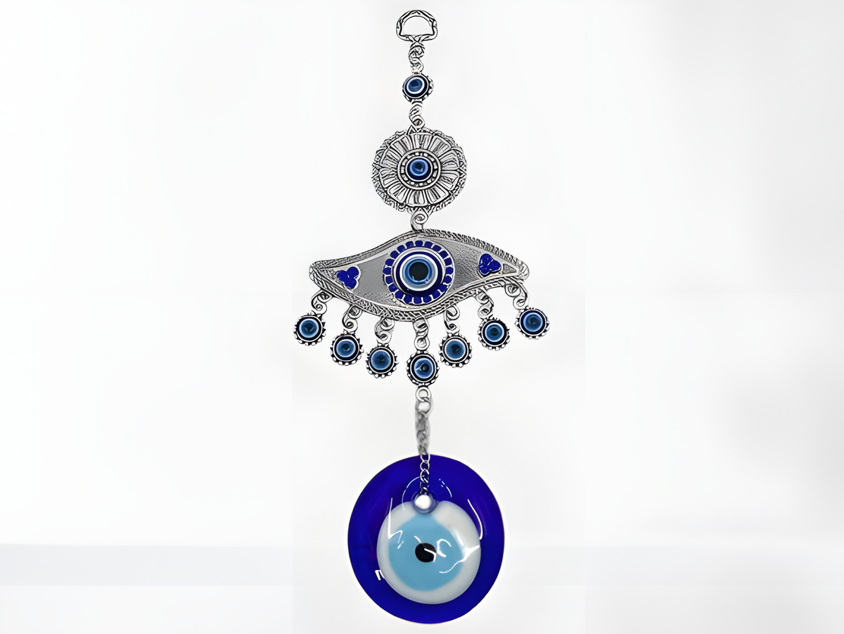 Handmade blue-beaded Egyptian Evil Eye wall hanging, museum reproduction