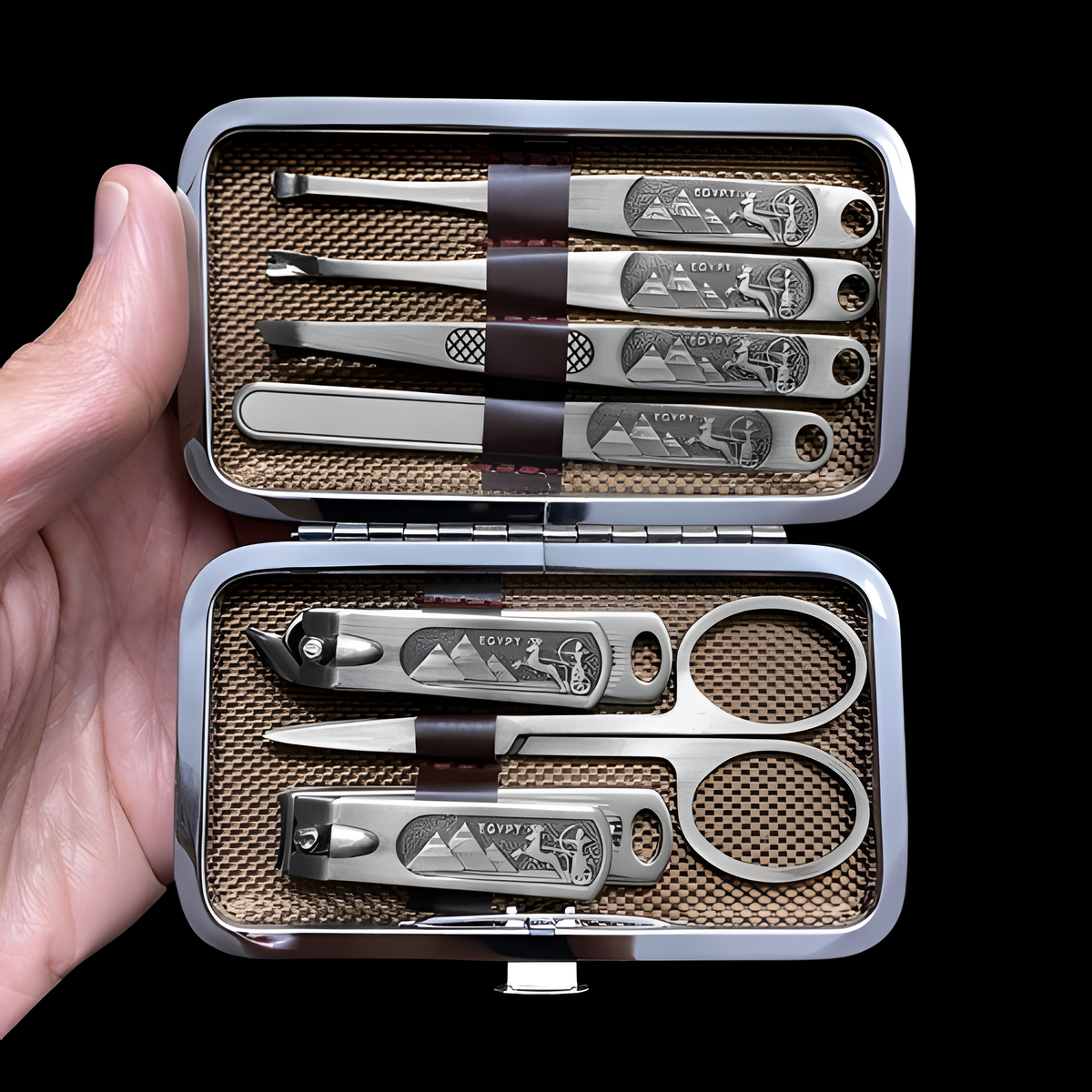 Egyptian-themed stainless steel manicure and pedicure set
