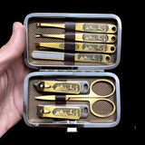 Egyptian nail care set shown in its travel case