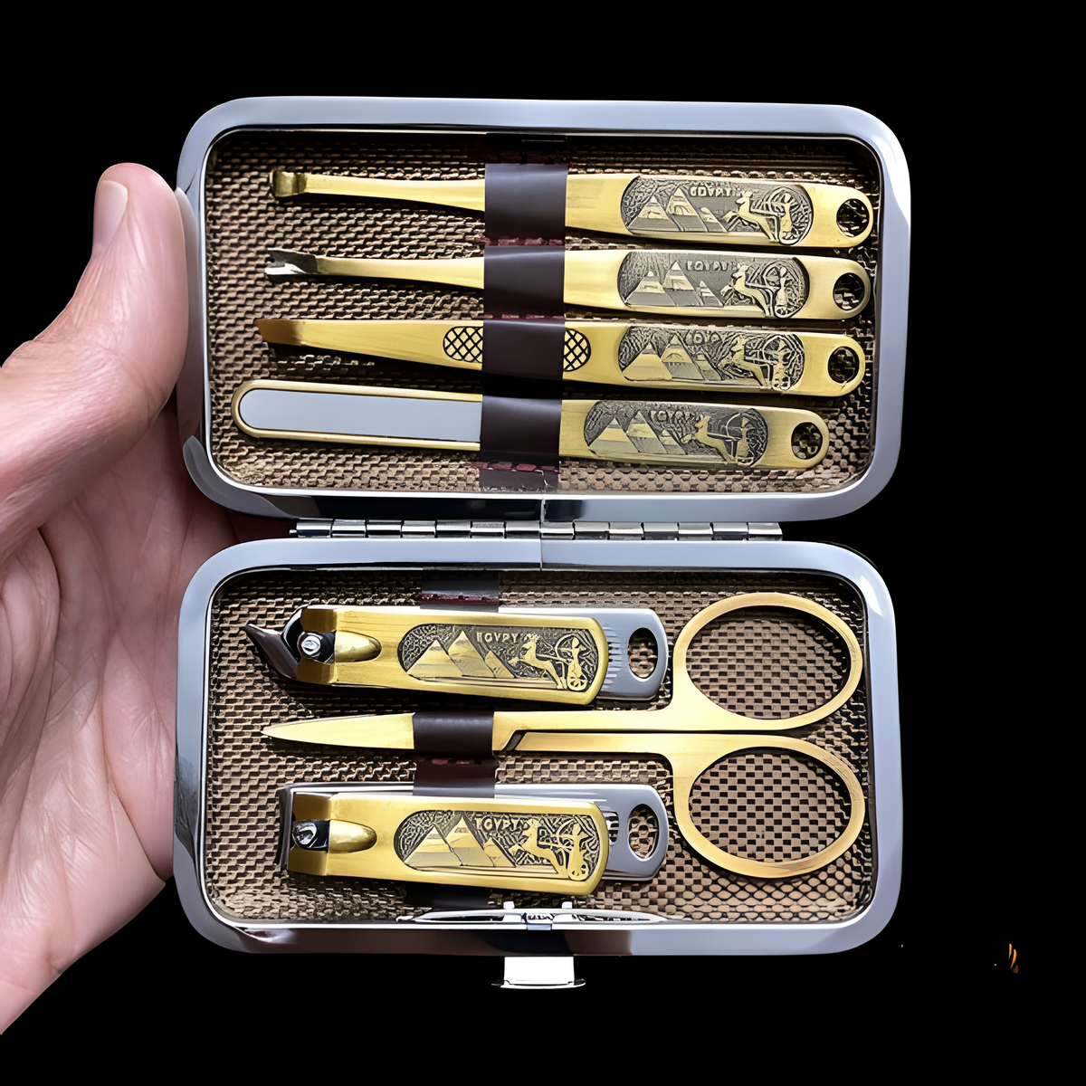 Egyptian nail care set shown in its travel case