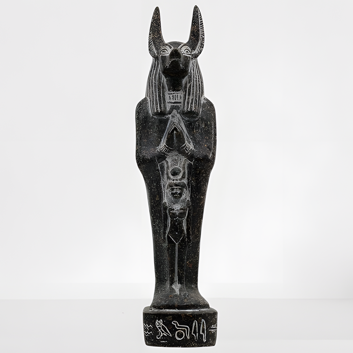 Black granite Anubis statue museum reproduction, front view