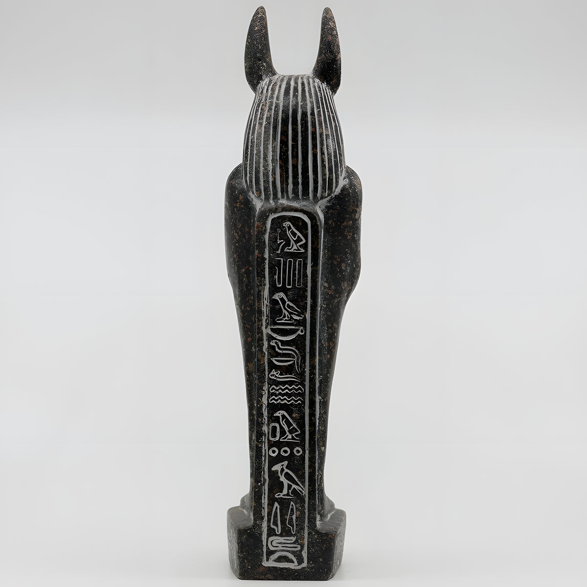 Black granite Anubis statue museum reproduction, close-up detail