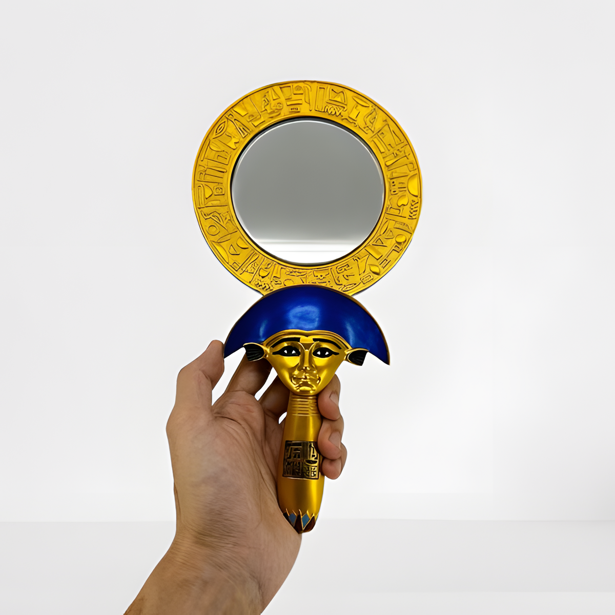 Egyptian Hathor mirror, museum reproduction — front view