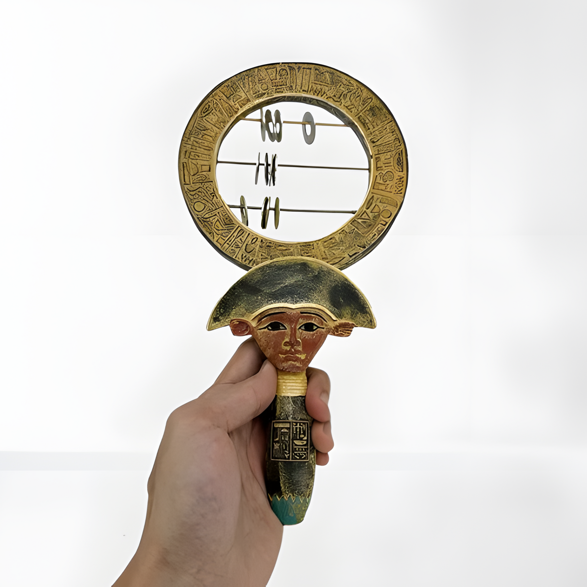 Egyptian sistrum of Hathor, museum reproduction — front view