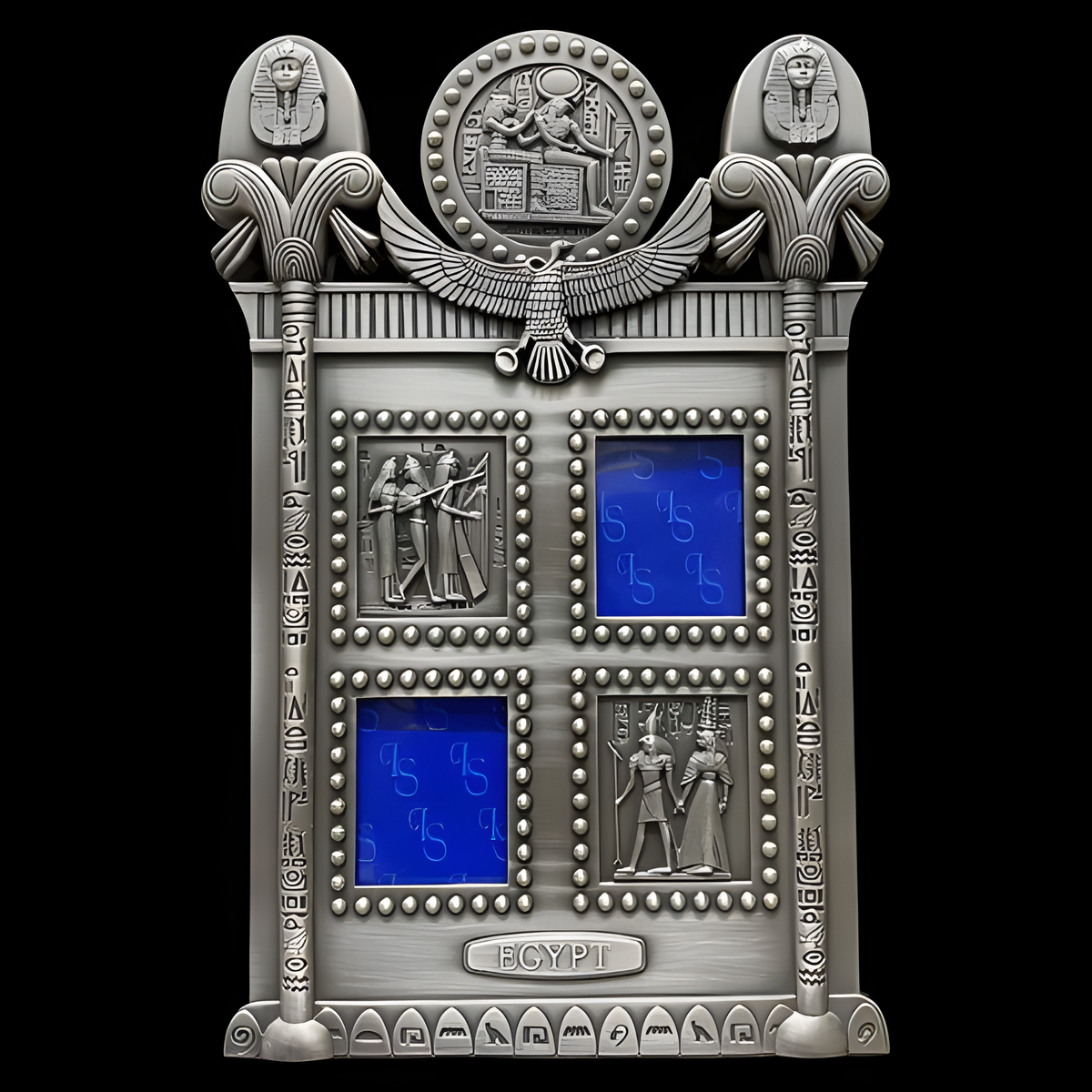 Hand-carved stone photo frame featuring Egyptian god Horus and goddess Isis