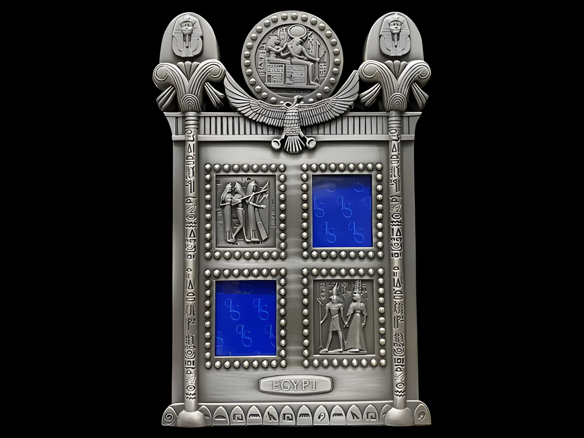 Close-up of the engraved Horus and Isis imagery on the stone photo frame