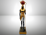 Handmade stone Egyptian God Ra statue, museum reproduction, falcon-headed deity with sun disk, front view