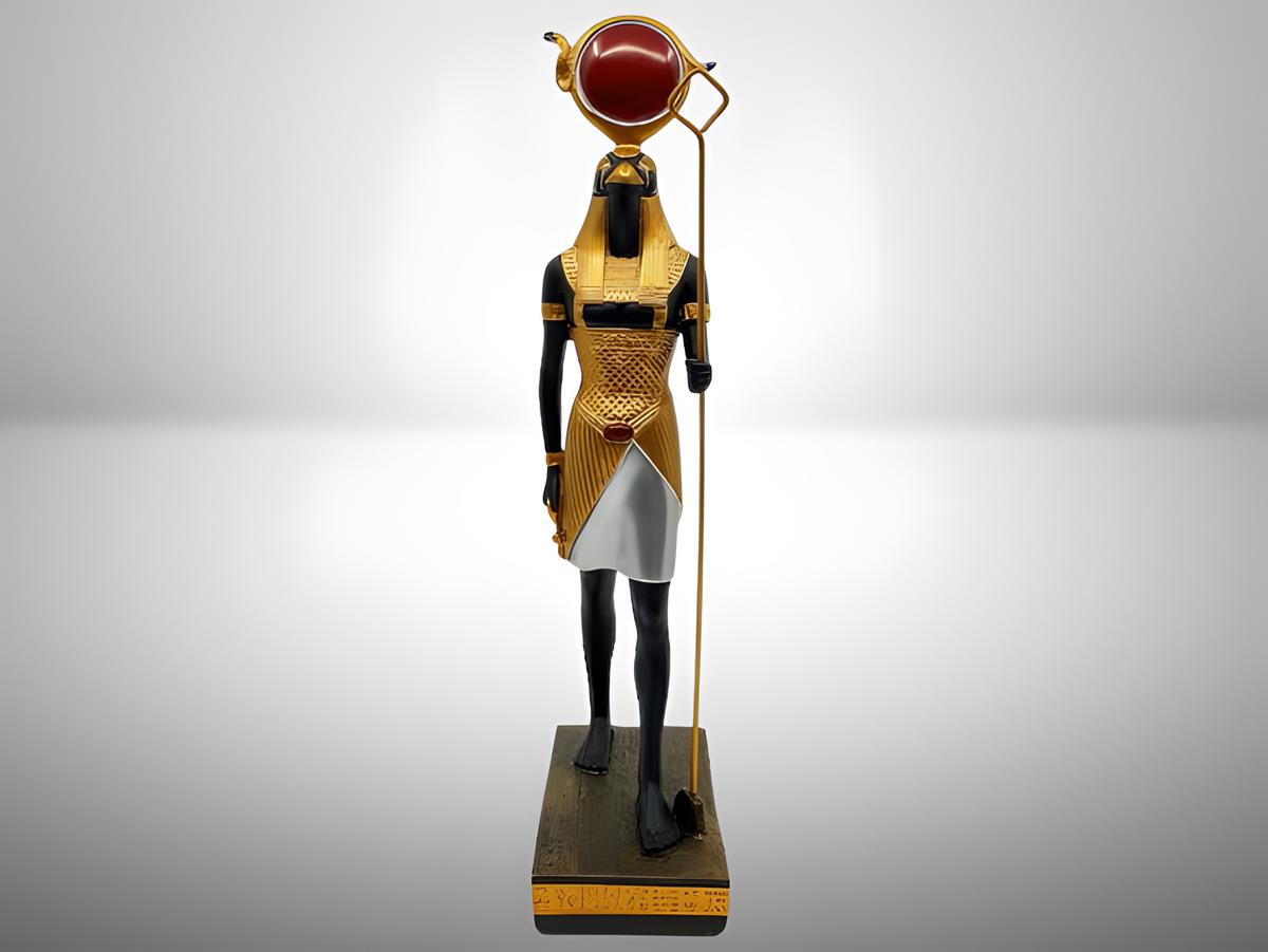 Handmade stone Egyptian God Ra statue, museum reproduction, falcon-headed deity with sun disk, front view