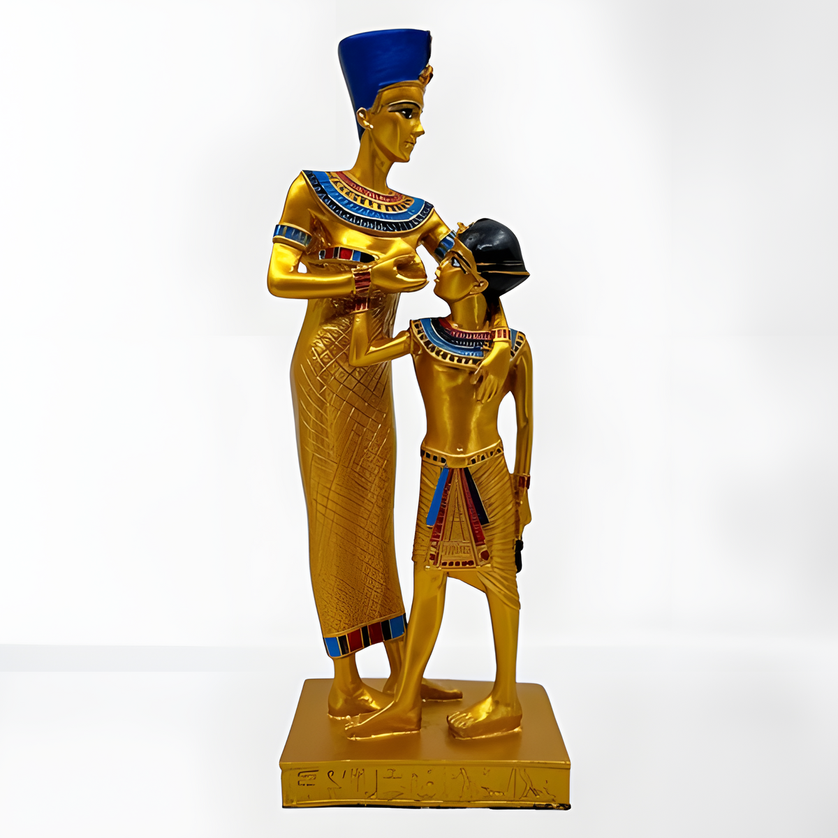 Egyptian Isis breastfeeding Horus museum reproduction stone statue, front view