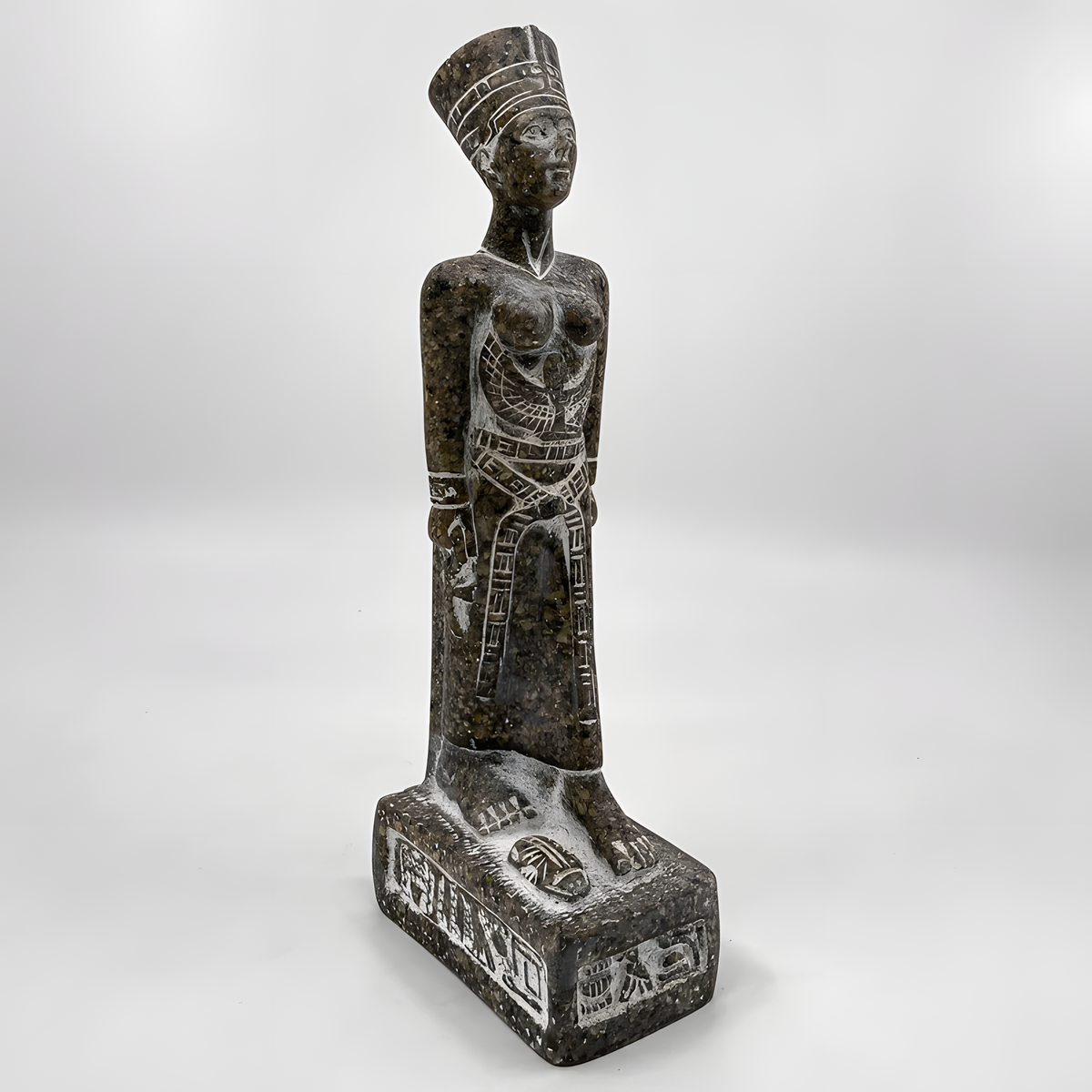 Detail view of the granite Nefertiti statue museum reproduction base