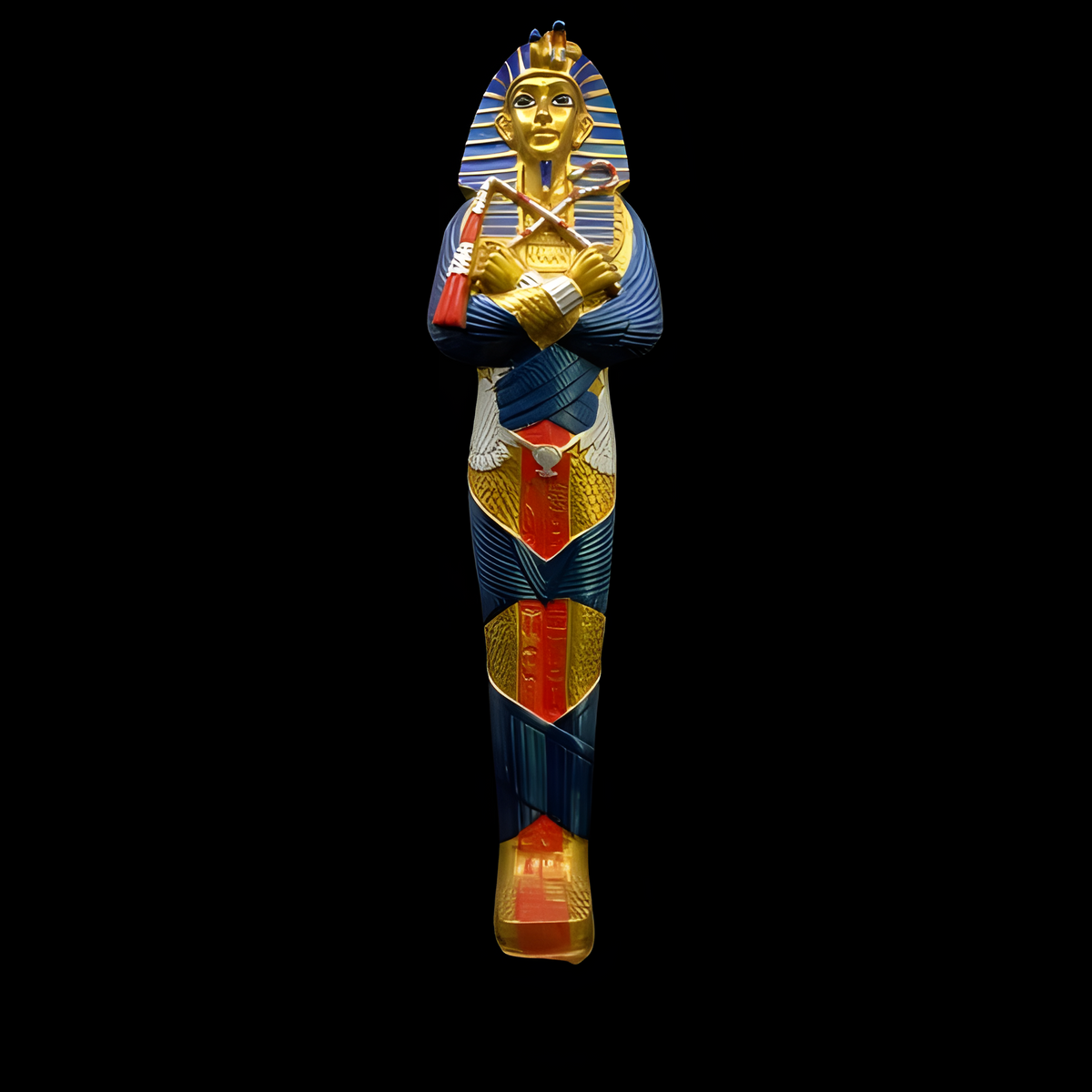 Close-up of the King Tutankhamun statue museum reproduction showing painted headdress detail