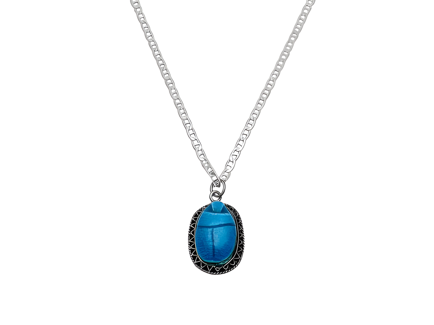 Egyptian blue scarab necklace, faience and sterling silver replica — full pendant and chain view