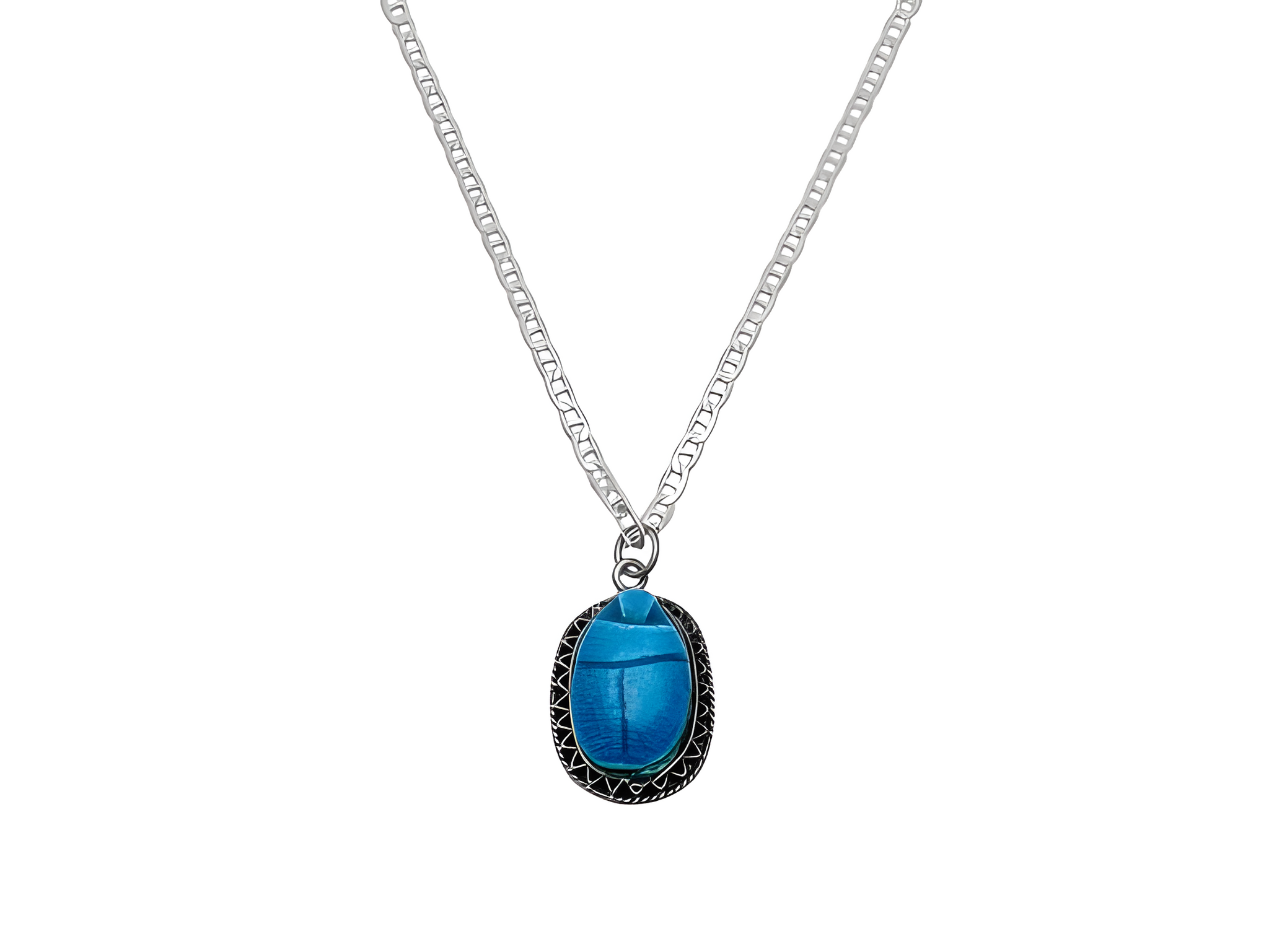 Egyptian blue scarab necklace, faience and sterling silver replica — full pendant and chain view