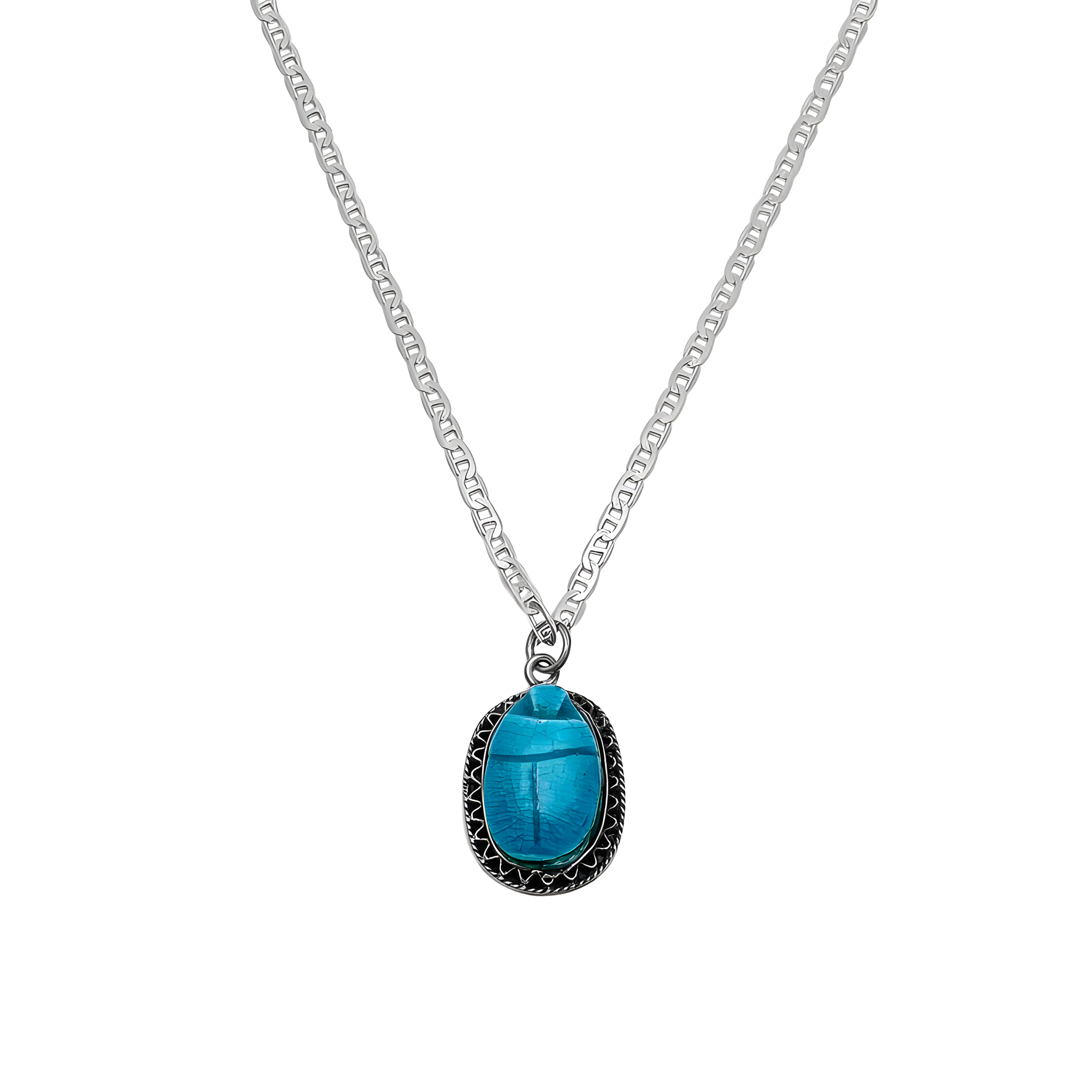 Egyptian blue scarab necklace, faience and sterling silver replica — close-up of scarab pendant