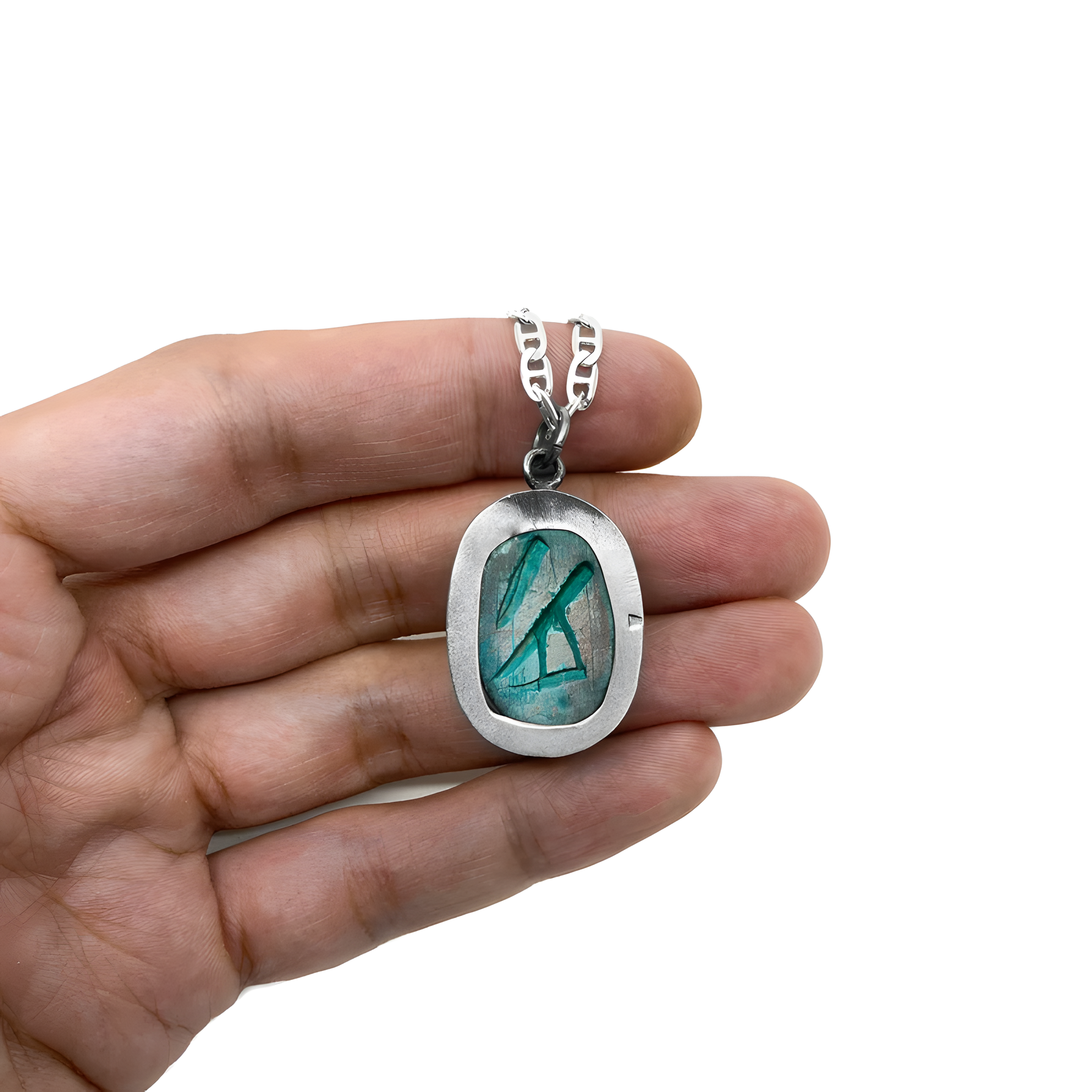 Egyptian blue scarab necklace, faience and sterling silver replica — worn view for scale
