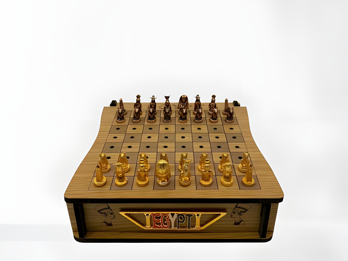 Egyptian-themed wooden chess board with copper pieces