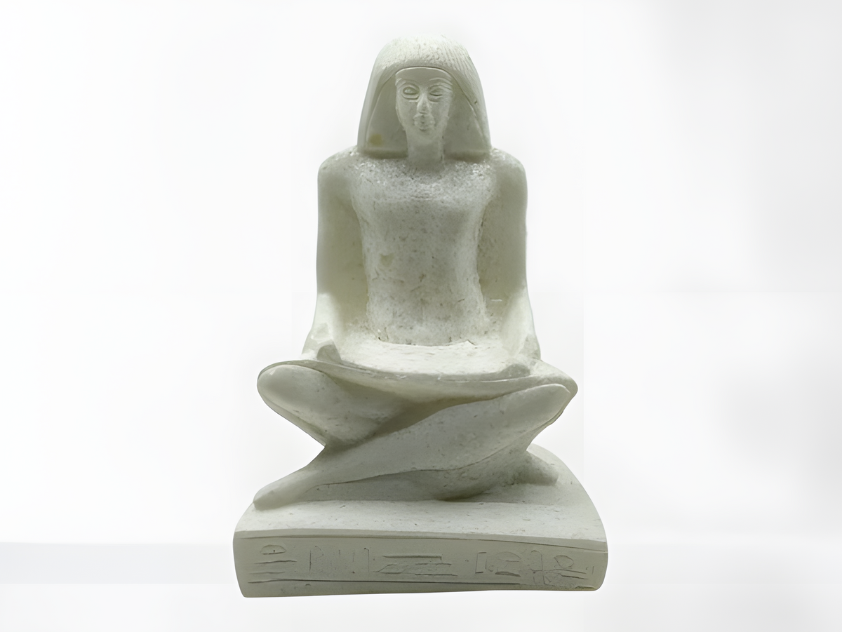 Handmade alabaster seated Egyptian high priest museum reproduction statue, front view