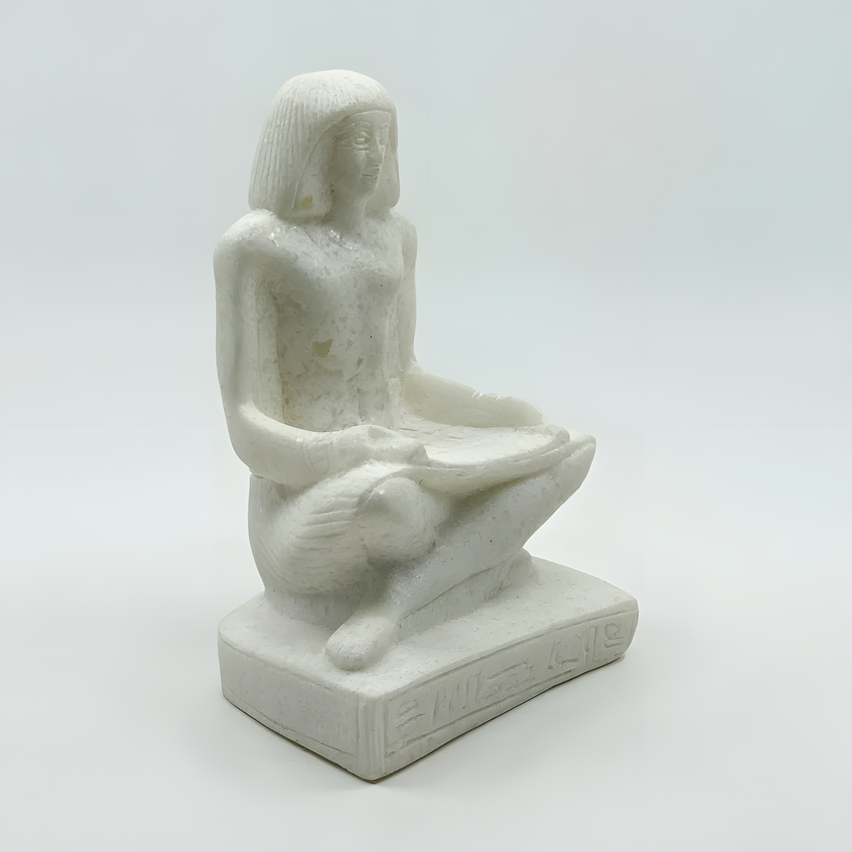 Alabaster seated Egyptian priest museum reproduction statue, additional angle