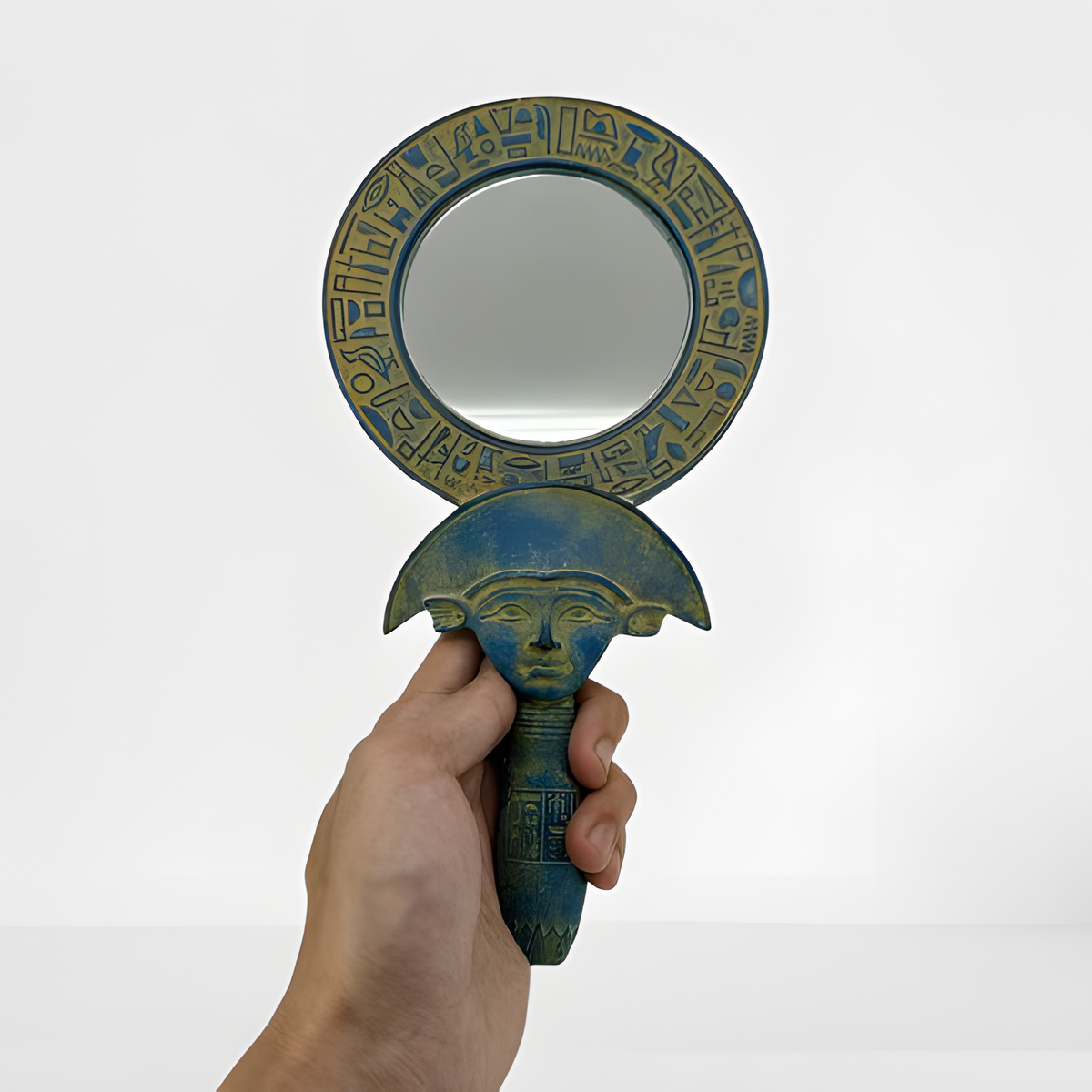 Egyptian Hathor mirror, museum reproduction — front view