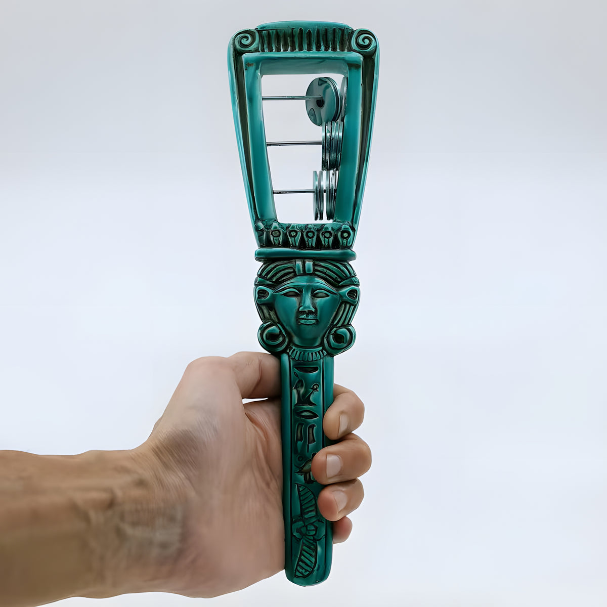 Egyptian sistrum of Hathor with metal rings, museum reproduction — front view