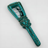Egyptian sistrum of Hathor with metal rings, museum reproduction — side view showing height