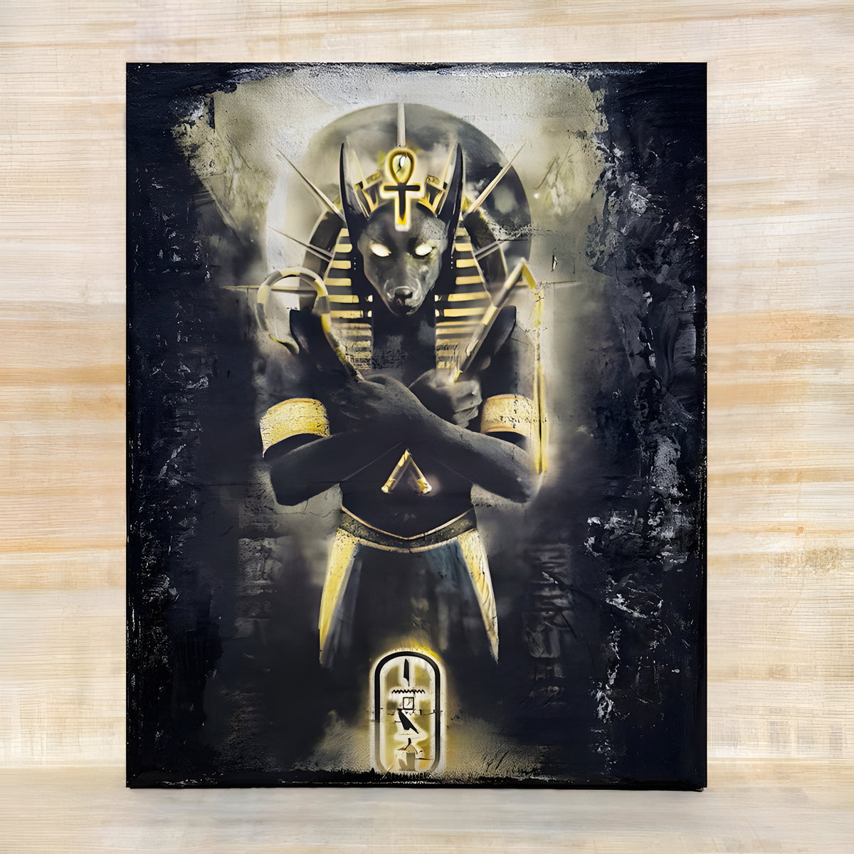 Handmade Anubis decoupage wall relief, museum reproduction, front view