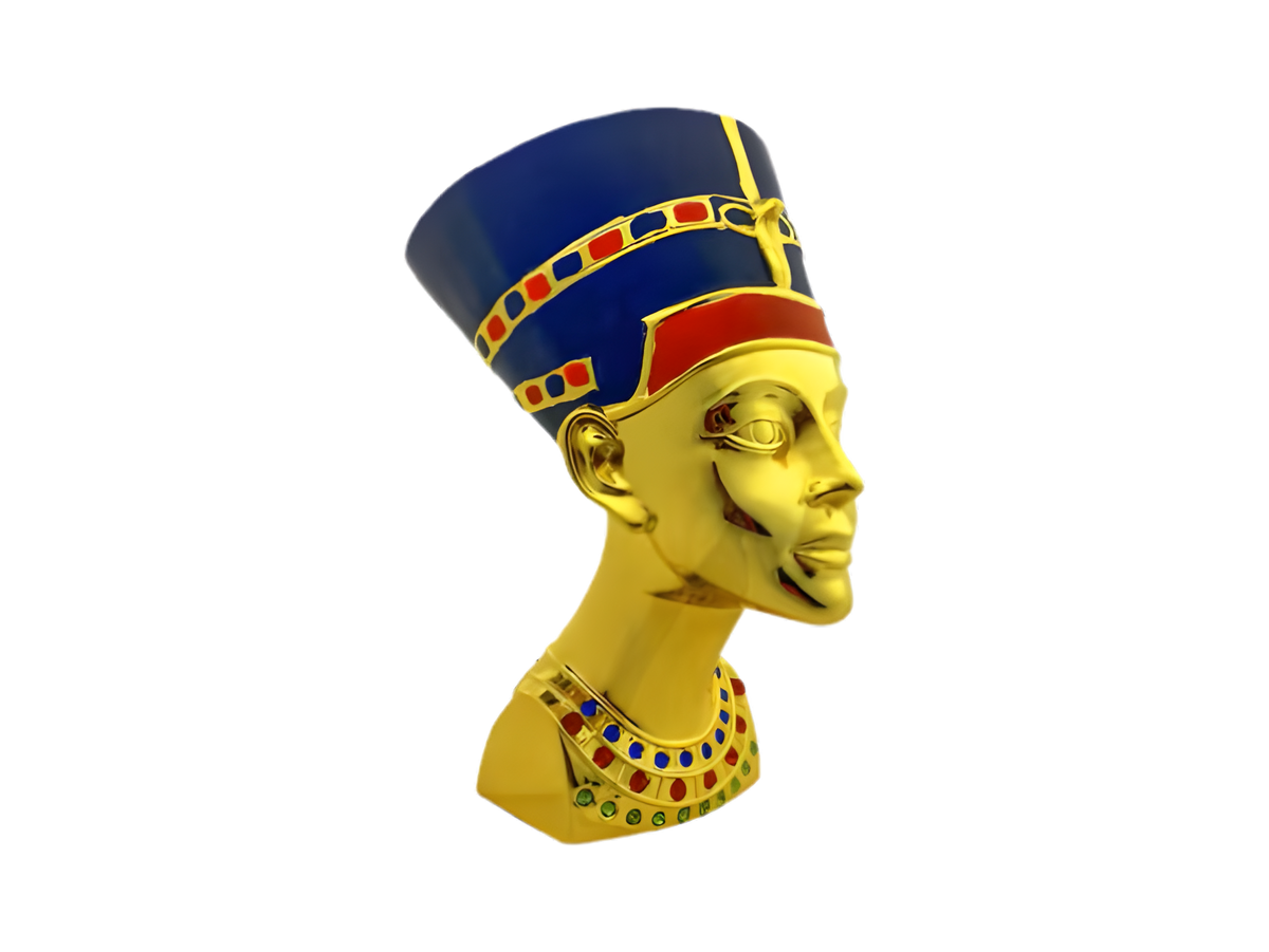 Gold-tone Nefertiti bust, museum reproduction, front view