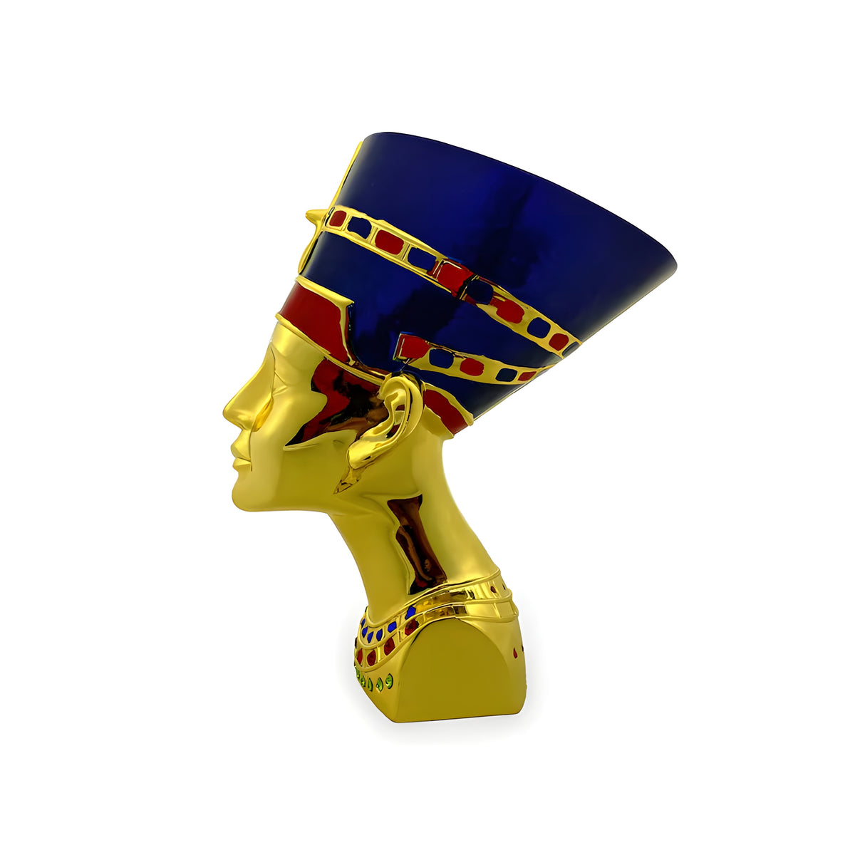 Side view of the gold-tone Nefertiti bust museum reproduction