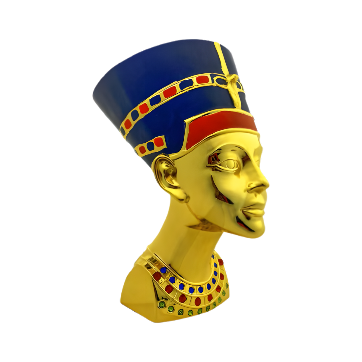 Back view of the gold-tone Nefertiti bust museum reproduction