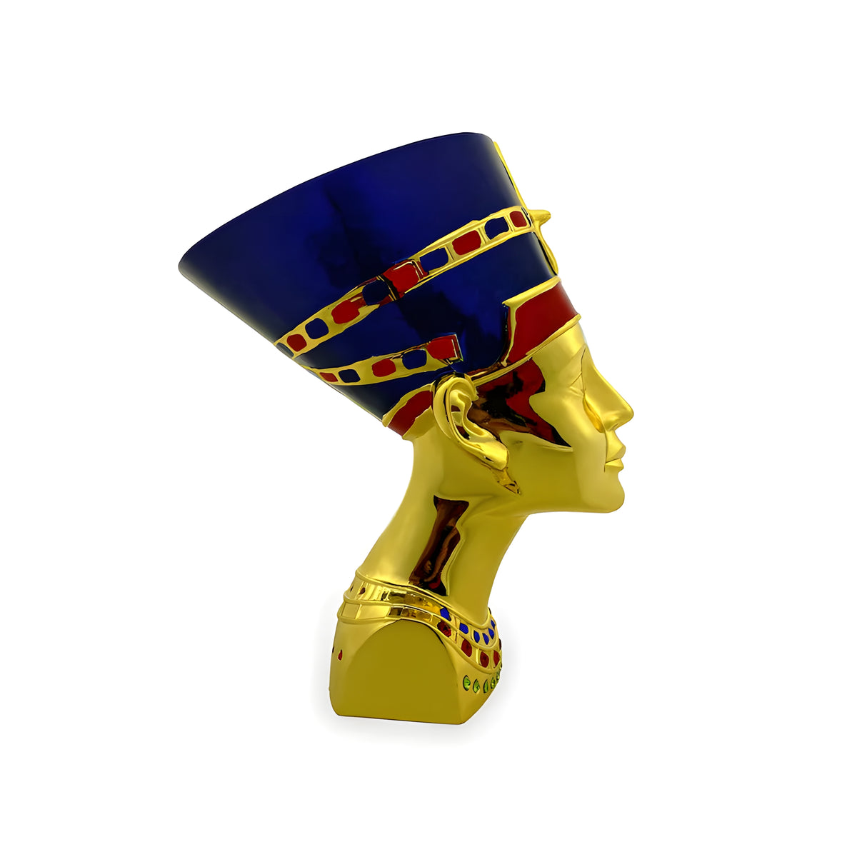 Gold-tone Nefertiti bust museum reproduction displayed as home decor