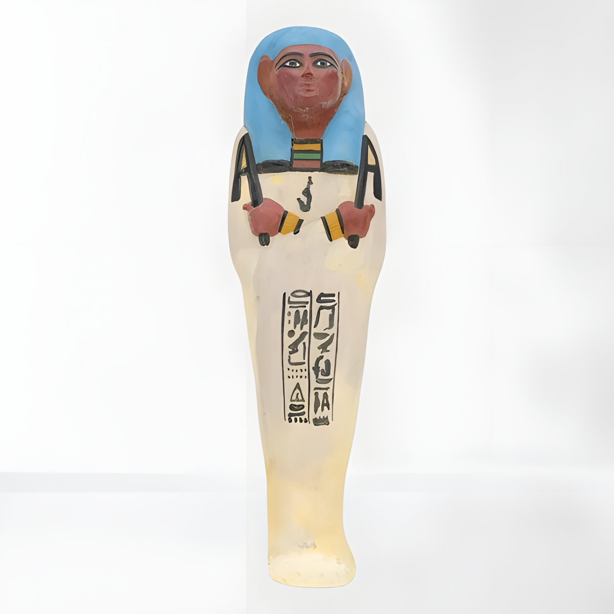 Handmade Egyptian ushabti statue, museum reproduction, hand-carved limestone funerary figurine, front view