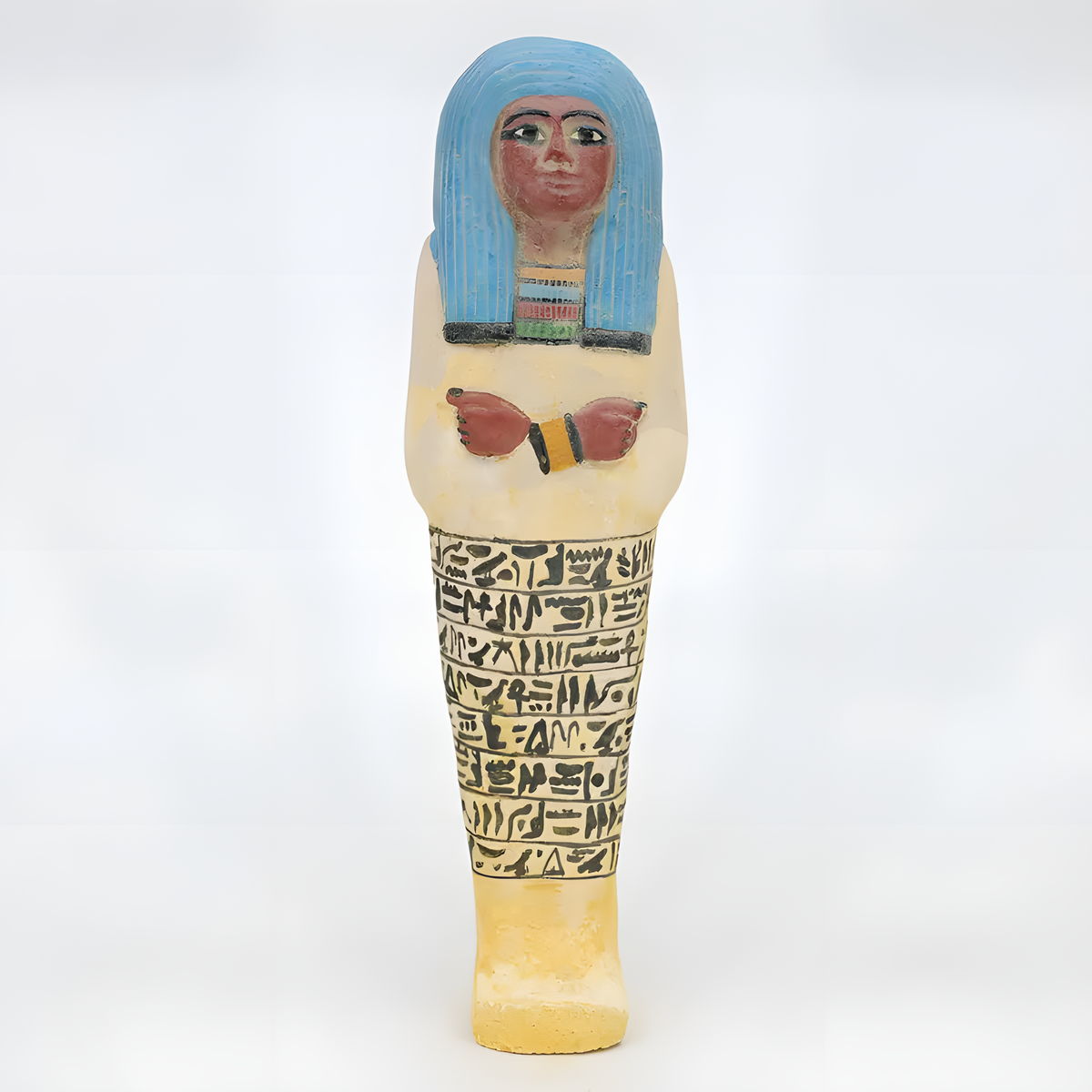 Handmade Egyptian ushabti statue, museum reproduction, hand-carved limestone funerary figurine, front view