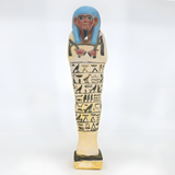 Handmade Egyptian ushabti statue, museum reproduction, hand-carved limestone funerary figurine, front view