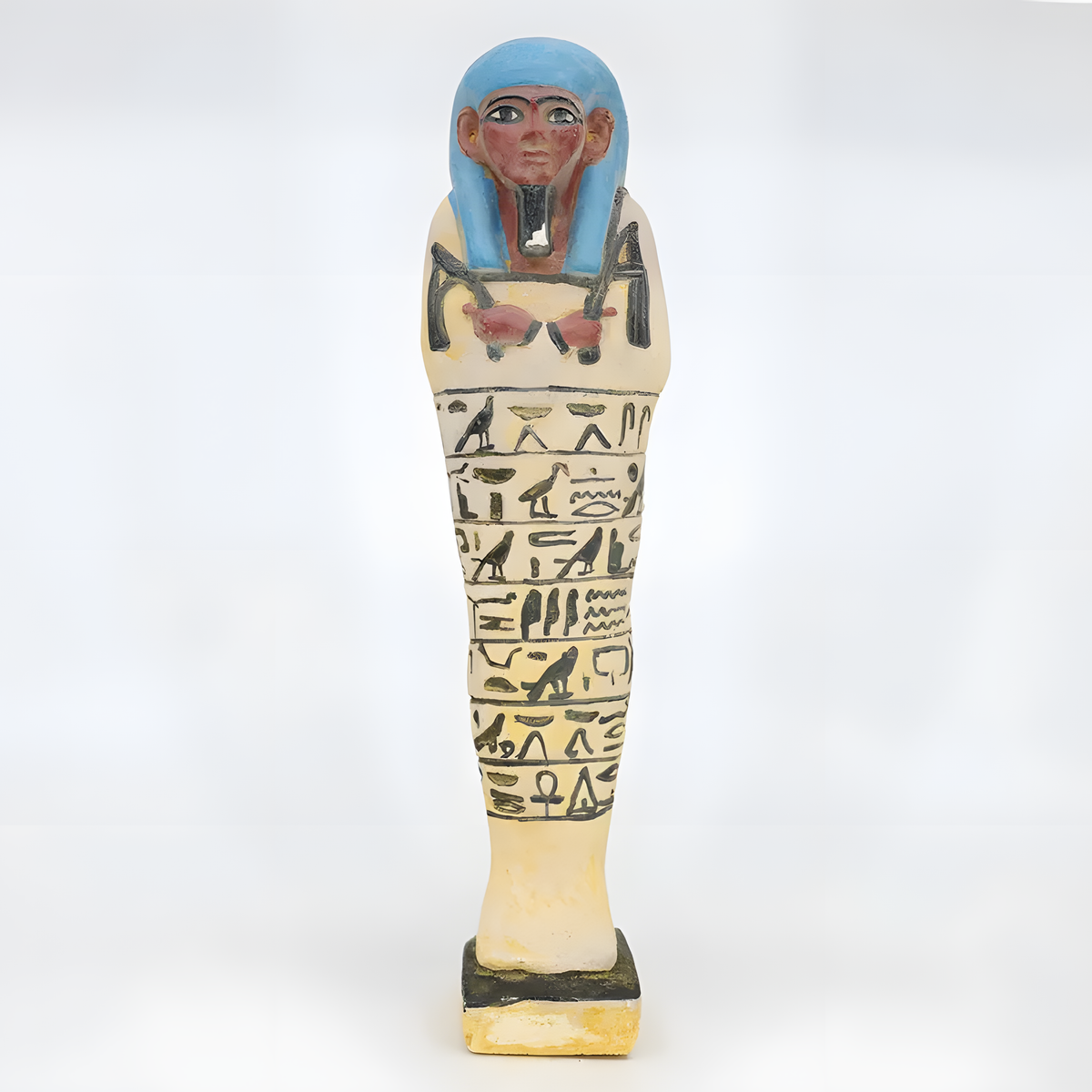 Handmade Egyptian ushabti statue, museum reproduction, hand-carved limestone funerary figurine, front view