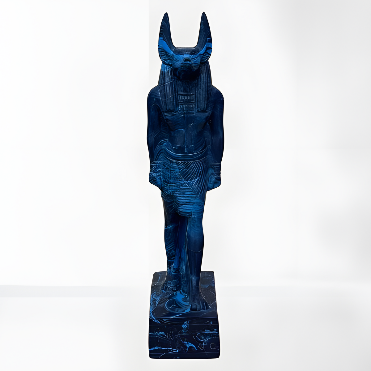 Handcrafted Anubis statue with lapis-tone accents, museum reproduction, front view