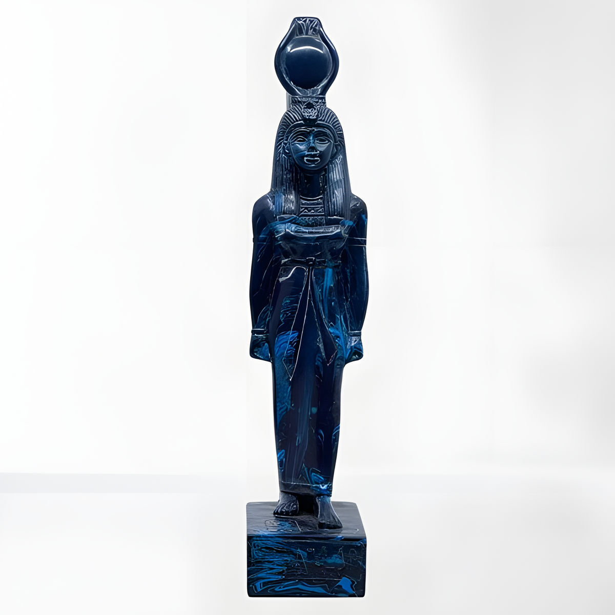 Hathor statue with lapis-tone finish, museum reproduction, front view